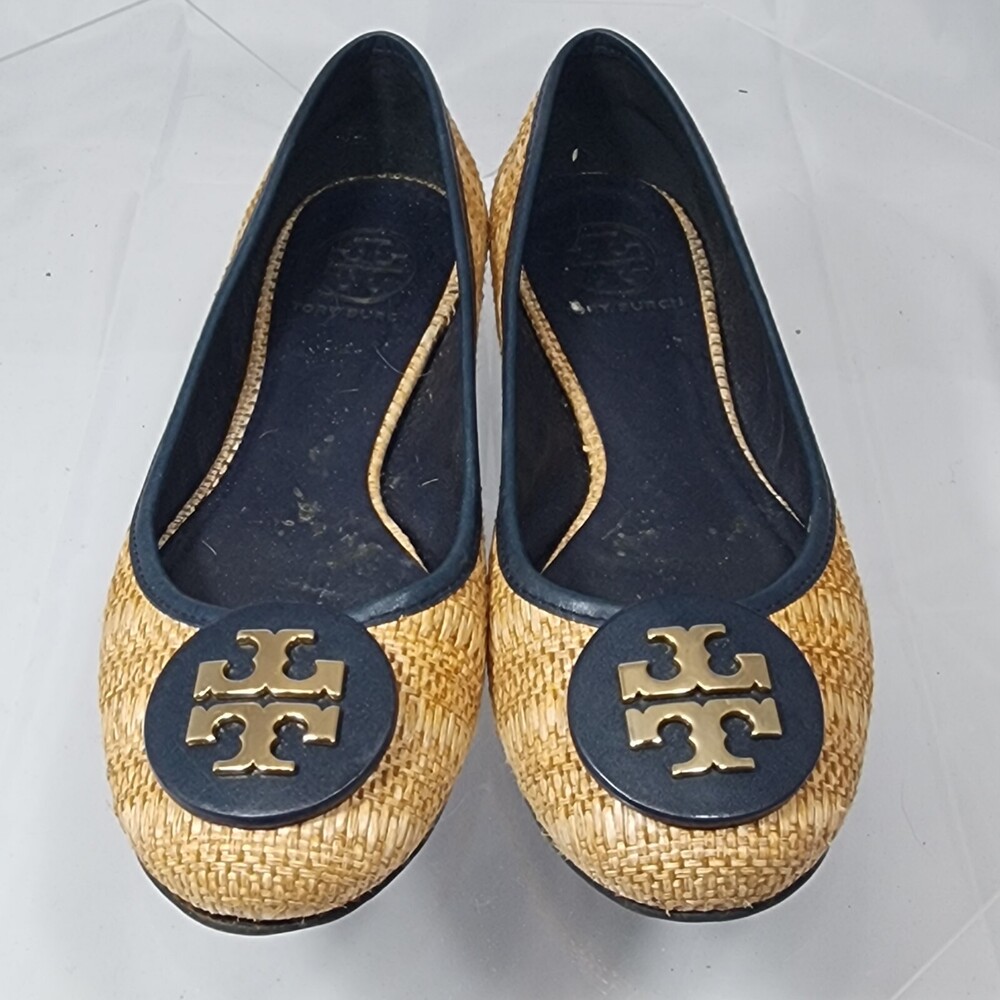 Repair Tory Burch Reva Natural Straw Woven Raffia Ballet Flats Women 7 Navy Blue